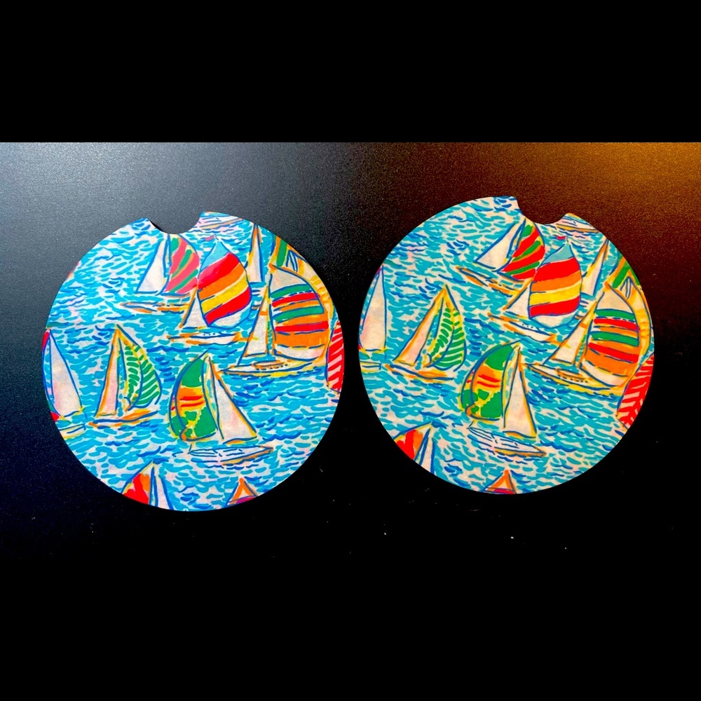 Set Of 2 Sailboats Car Cup Coasters.
Handmade